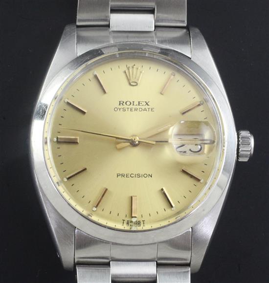 A gentlemans 1970s stainless steel Rolex Oysterdate precision manual wind wrist watch,